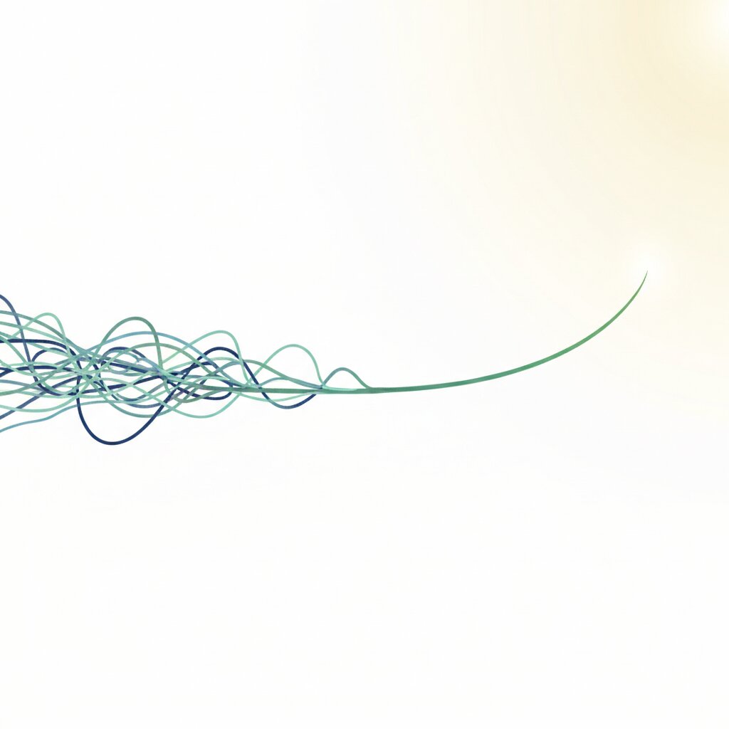 A person calmly organizing tangled finances into a clear, simple path